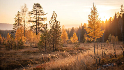 Warm sunlight filters through the trees during a breathtaking autumn sunset, casting a golden glow over the landscape and creating a peaceful atmosphere