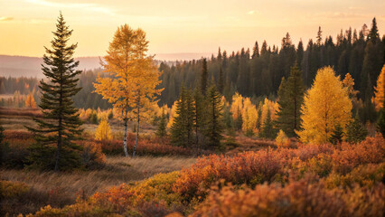 Warm sunlight bathing golden ferns in a tranquil autumn forest, creating a serene atmosphere as evening descends and the vibrant colors of sunset fill the landscape