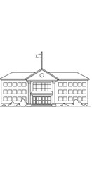 Line drawing of a two-story building with columns, windows, bushes, and a flag on top.