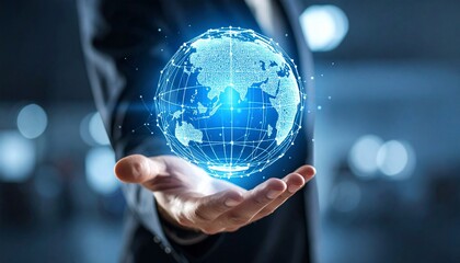 A scene in which a man raises his hand and a digital globe-shaped object rotates in his palm