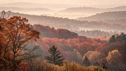 Warm sunlight illuminates layers of colorful trees and rolling hills covered with a blanket of mist during a serene autumn morning, creating a breathtaking natural panorama