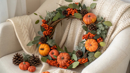 Festive autumn wreath featuring pumpkins, berries, pine cones, and eucalyptus leaves resting on a soft, knitted blanket draped over an armchair, celebrating fall's warm colors