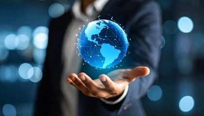 A scene in which a man raises his hand and a digital globe-shaped object rotates in his palm