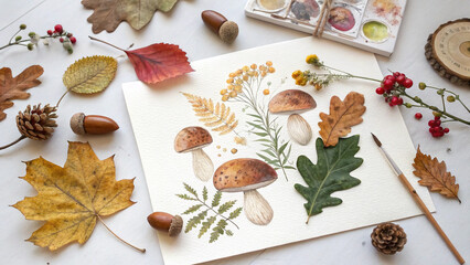 Watercolor painting of mushrooms, leaves, and berries on white paper surrounded by real autumn leaves, acorns, pine cones, and berries with paint palette and brush creating an autumnal atmosphere