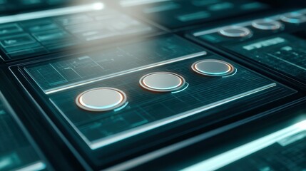 Futuristic control panel showing interactive digital display with circular buttons