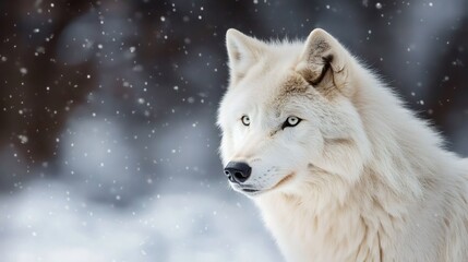 Obraz premium Majestic white wolf observing falling snow in winter wonderland