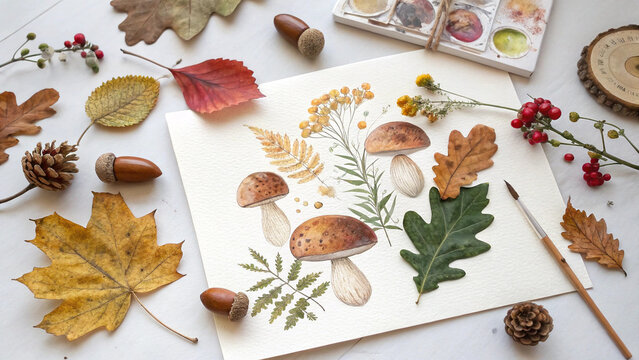 Watercolor painting of mushrooms, leaves, and berries on white paper surrounded by real autumn leaves, acorns, pine cones, and berries with paint palette and brush creating an autumnal atmosphere
