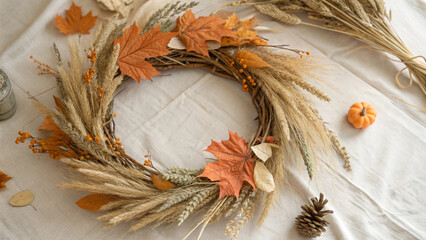 Decorative fall wreath being assembled with dried flowers, wheat, and orange leaves on a beige linen tablecloth, creating a cozy autumn atmosphere for thanksgiving or halloween decorations