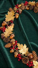 Beautifully crafted autumnal wreath, adorned with vibrant fall leaves, acorns, pine cones, and red berries, hangs on a black door, creating a warm and inviting atmosphere