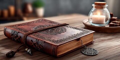 Ornate leather-bound book on wooden table with candle