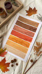 Cozy autumn atmosphere with a warm color palette, inspiring creativity with dried leaves, pine cones, a sketchbook, a warm beverage, and a soft sweater, perfect for fall themed projects