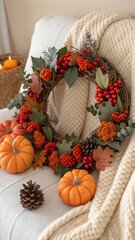 Festive autumn wreath featuring pumpkins, berries, pine cones, and eucalyptus leaves resting on a soft, knitted blanket draped over an armchair, celebrating fall's warm colors