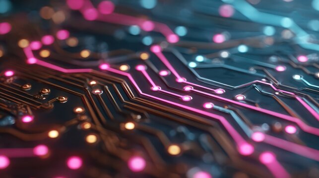 Futuristic circuit board pulsating with pink and blue lights