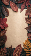 Vibrant arrangement of colorful autumn leaves creating a natural frame around a blank sheet of old paper placed on a rustic wooden background, evoking a nostalgic and atmospheric autumnal scene