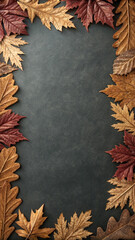 Vibrant autumn leaves creating a beautiful frame on a dark textured background, capturing the warm and earthy tones of fall with a touch of atmospheric charm