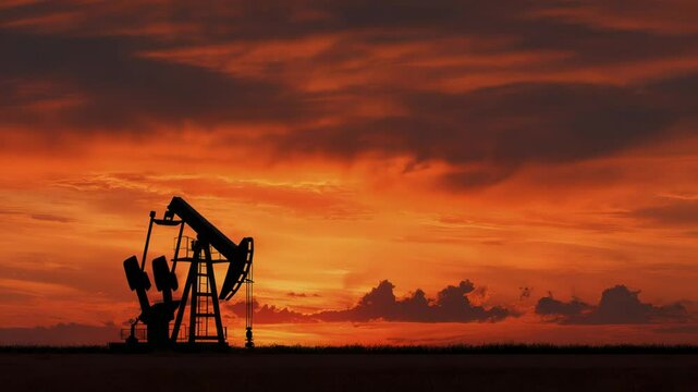 Oil Pumpjack Silhouettes Against Vibrant Sunset Sky in Desert Landscape