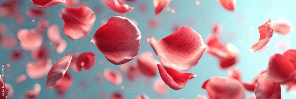 Poster Floating Glowing Red Rose Petals Create a Serene Atmosphere in a Soft Pastel Backdrop During a Tranquil Moment