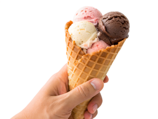 Hand holding a waffle cone filled with three scoops of ice cream isolated on transparent background