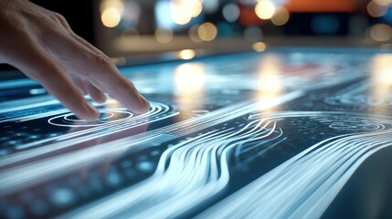 Hand touching interactive touchscreen with glowing blue lines and data visualization