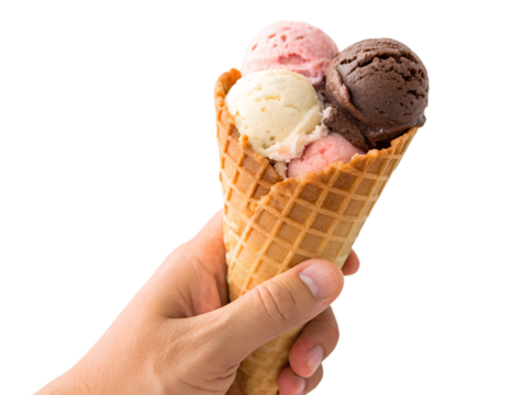 Hand holding a waffle cone filled with three scoops of ice cream isolated on transparent background