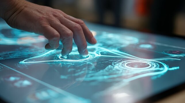 Scientist interacting with futuristic interactive touchscreen with glowing holographic map projection