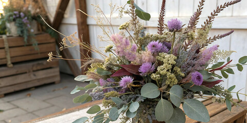 Purple and beige dried flowers and ornamental grasses create a rustic autumn atmosphere in a metal container, evoking the warmth and beauty of the fall season