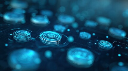 Glowing blue neon lights form a futuristic holographic interface with rotating circular shapes