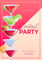 Cocktail party invitation design template . Cosmopolitan cocktail, Manhattan, margarita, daiquiri, orange slice, lime. The concept of a party, holiday, birthday. Vector illustration in A4 format