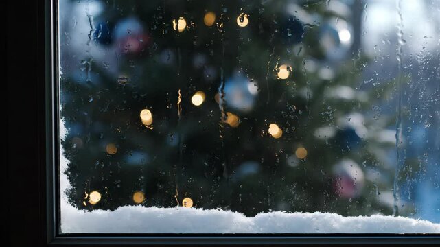 Cozy Christmas View Through a Frosty and Snowy Window with a Beautifully Lit, Blurred Christmas Tree Outside