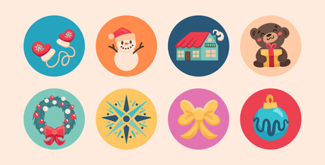 Round Christmas stickers in kids style. Merry Christmas and Happy New Year. Vector illustration, childlike labels with cute characters and elements