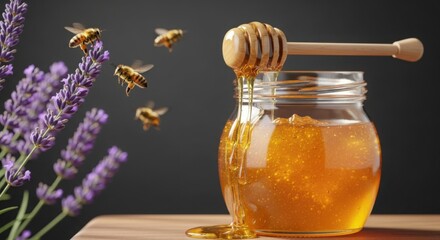 Golden honey pouring from a wooden honey dipper into a glass jar with lavender and bees flying around perfect for food and beverage