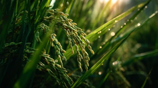 Close-up of rice paddy stalks and grains in sunlight