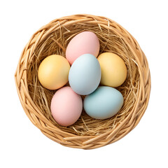 A set of pastel-colored Easter eggs in a straw basket, isolated on transparent background