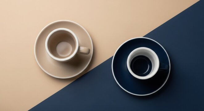 Two espresso cups with saucers on a beige and navy blue background perfect for cafe and coffee shop branding - Powered by Adobe