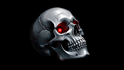 A metallic skull with glowing red eyes is isolated on a black background