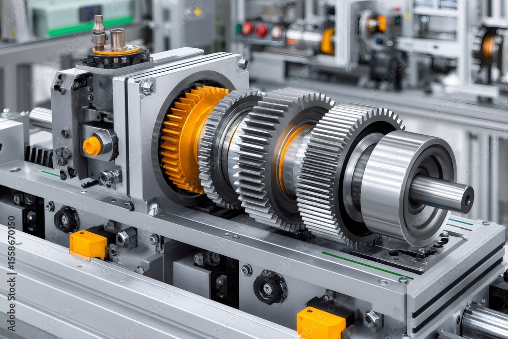 Aufkleber gearbox with shiny metal gears rotating smoothly in modern factory