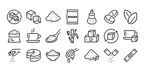 Sugar editable stroke outline icons set isolated on white background flat vector illustration.