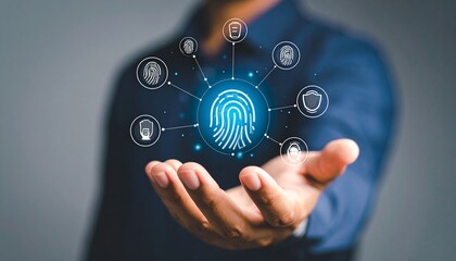 Fototapeta premium A three-dimensional icon in the shape of a fingerprint floating above a man's hand