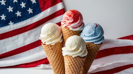 Patriotic ice cream cones in red white and blue stand against an american flag