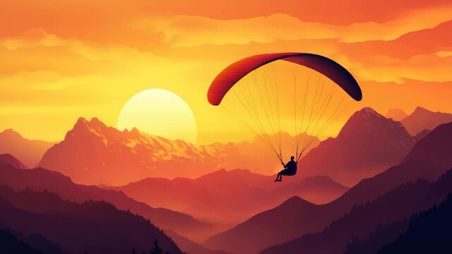 paragliding adventure in mountain landscape at sunset illustrated animation