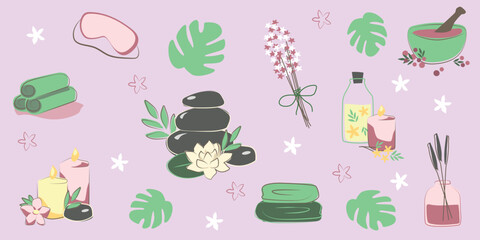 Vector spa clipart set with candles, towels, hot stones, massage oil, diffuser, and tropical leaves on pastel background