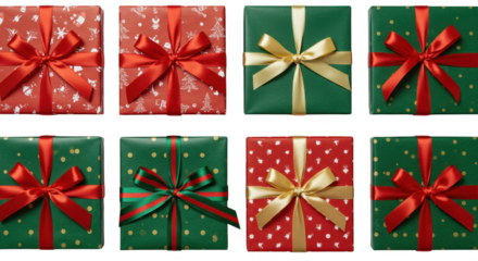 Christmas gifts with red and green wrapping paper and bows isolated on transparent background