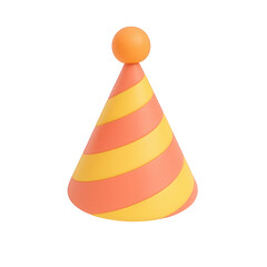 Brightly colored 3D claymorphic party hat with a striped design against a transparent background
