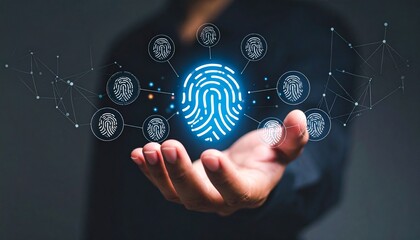 A three-dimensional icon in the shape of a fingerprint floating above a man's hand