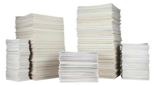 Multiple stacks of white paper documents isolated on transparent background
