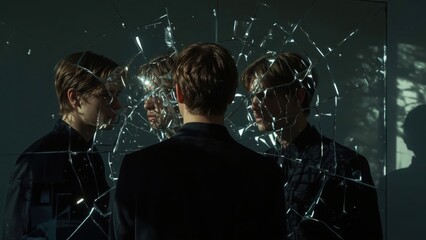 self-concept Affirmations mirror dpdr aphantasia Narcissistic abuse Intrusive thought amab Staud Logically ai Mubi Young man reflection cracked dark moody room shadows light