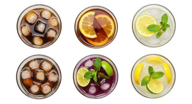 Six assorted refreshing drinks with ice and fruit, isolated on transparent background