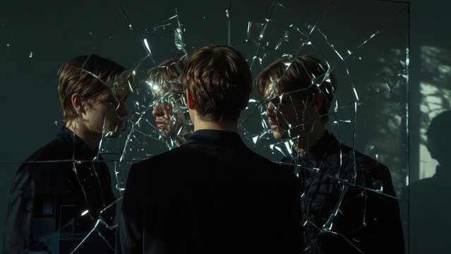 self-concept Affirmations mirror dpdr aphantasia Narcissistic abuse Intrusive thought amab Staud Logically ai Mubi Young man reflection cracked dark moody room shadows light