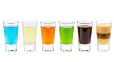 Six colorful alcoholic shots in a row, isolated on transparent background