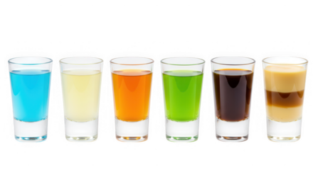 Six colorful alcoholic shots in a row, isolated on transparent background